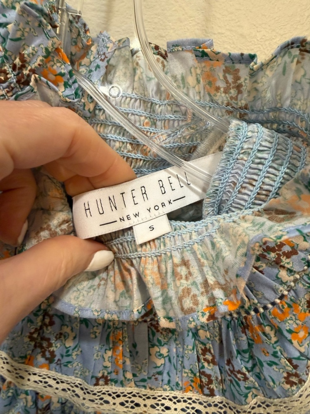 HUNTER BELL Ryan Dress Ditsy Blue Floral, High Neck Smocked - Picture 2 of 7